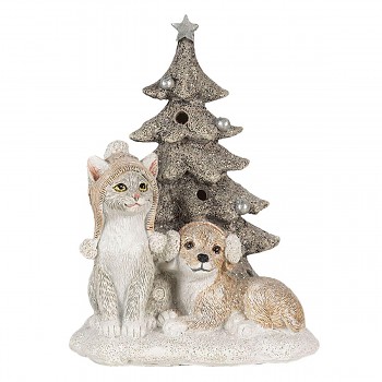Kočička a pejsek u vánočního stromku s LED osvětlením
