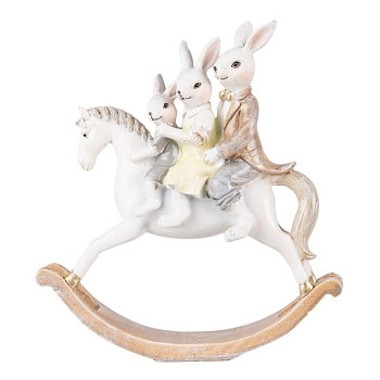 Dekorativní figurka rodiny králíků na houpacím koníkovi