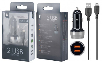 Nabíječka do auta PLUS A6134 s kabelem pro iPhone lightning, 2xUSB výstup 2.4A, stříbrná
