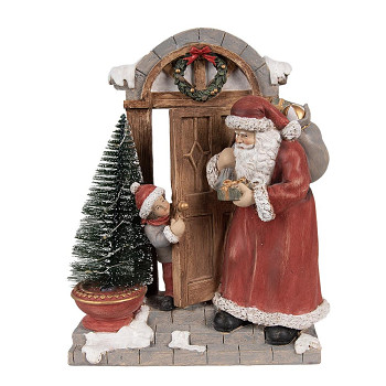 Dekorativní figurka Santa Clause u dveří s osvětleným stromkem Clayre & Eef 6PR4945